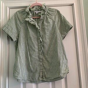 Chico's Size 2 Lightweight Green/White Short Sleeve with fringed detail